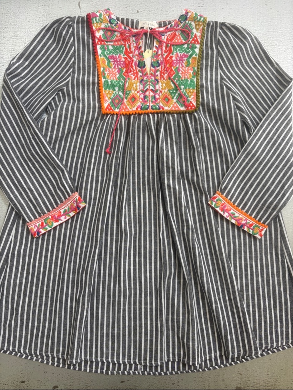 Velzera Gray Striped Tunic with Multicolor Embroidered Yoke